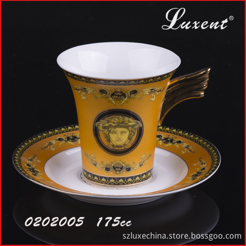porcelain super white decal coffee and tea cup and saucer